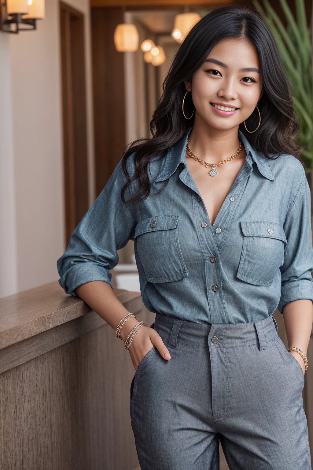 Half-length glamour portrait, nikon D850, f1.6 lens, 200mm, DSLR, 22 Megapixels, (((Luxury seaside hotel scene))), shot of a stunning 19 years old korean girl, (smile:1.4), (wearing Chambray shirt with medium gray chino pants:1.6), ((seductive pose)), hot girl, (((big natural breasts))), (((black fringe hair))), (small girl), symmetrical face, photorealistic, photography, (bright natural lighting), gorgeous, deep cleavage, (masterpiece), best quality, high resolution, extremely detailed, cinematic lighting, (((very narrow waist))), rich colors, hyper realistic, lifelike texture, ((jewelry)), (((She has beautiful hands and wears rings))), (bracelet), (necklace), (ankle chain), (nail polish) (earrings), Fuji Superia 200, 8k