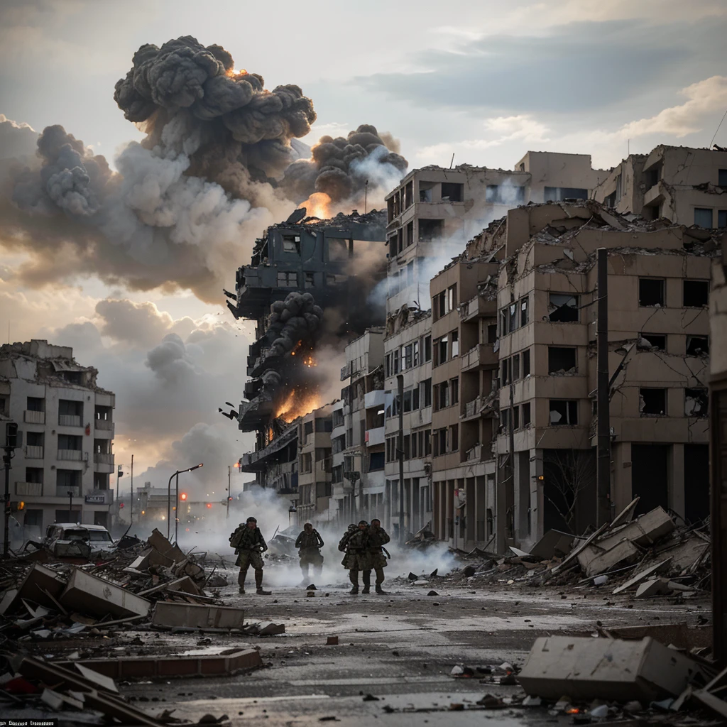 A fierce confrontation in the devastated streets of Stalingrad. German soldiers advance through the rubble, facing fierce resistance from Soviet defenders. The surrounding buildings are in ruins, and the atmosphere is heavy with smoke and debris. In the cloudy sky, fighter planes fly low, adding a sense of chaos and destruction to the battle scene