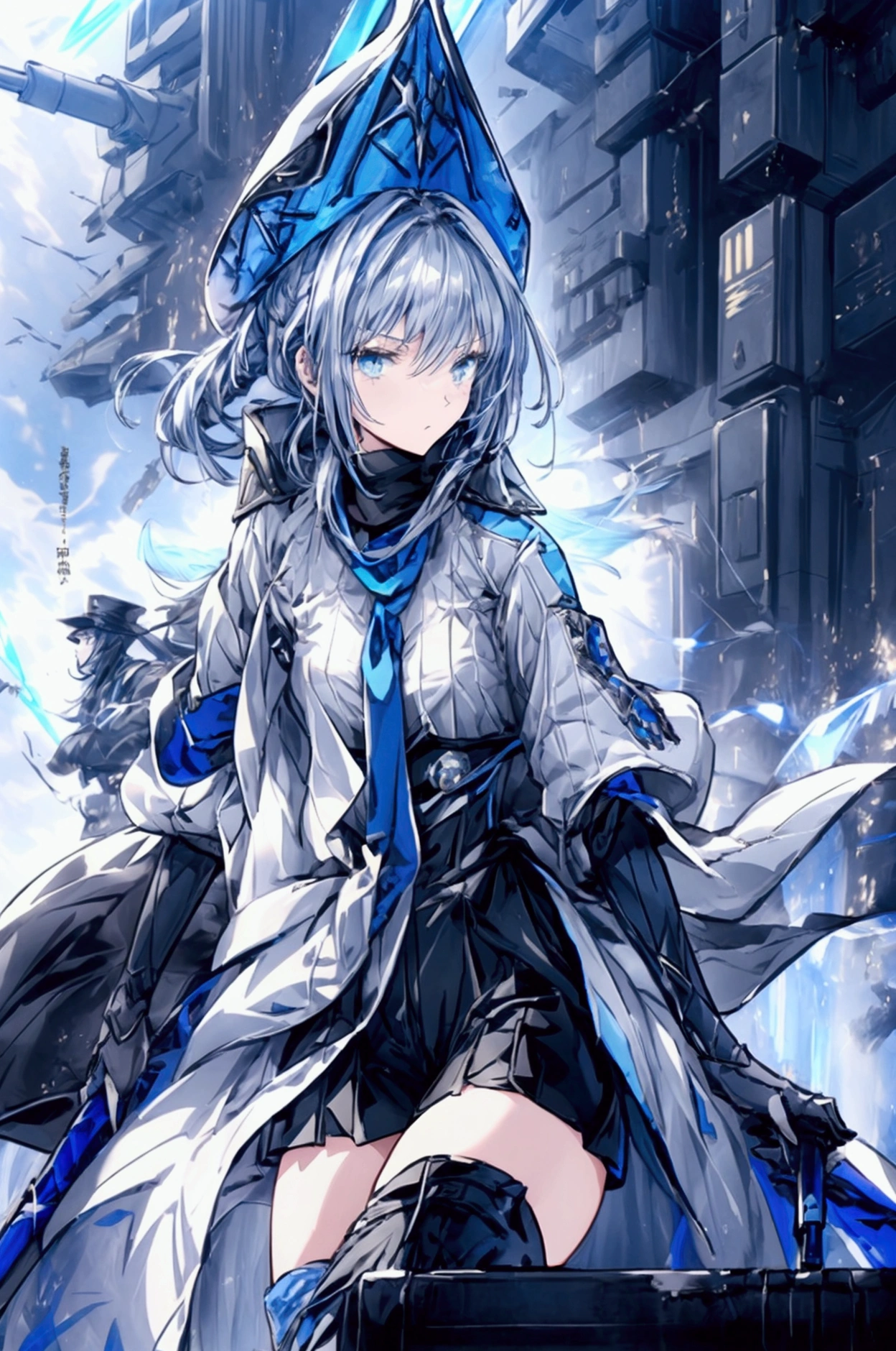  A badass tall woman, (A female commander), ((a leader of a fleet of armies)), White high ponytail with a glowing light blue highlights at the ends, Wielding a sword with deep blue aura, the mystical blade in her hand emitting a bright contrast blue light with a ray of energy, a futuristic intergalactic military uniform, Wearing Black shorts exposing the thighs, with a captain hat, a long simple dark boots. A masterpiece illustration, a light novel cover, best quality, best detail(Light novel illustrations), Arknights style, masterpiece, high quality, detailed.