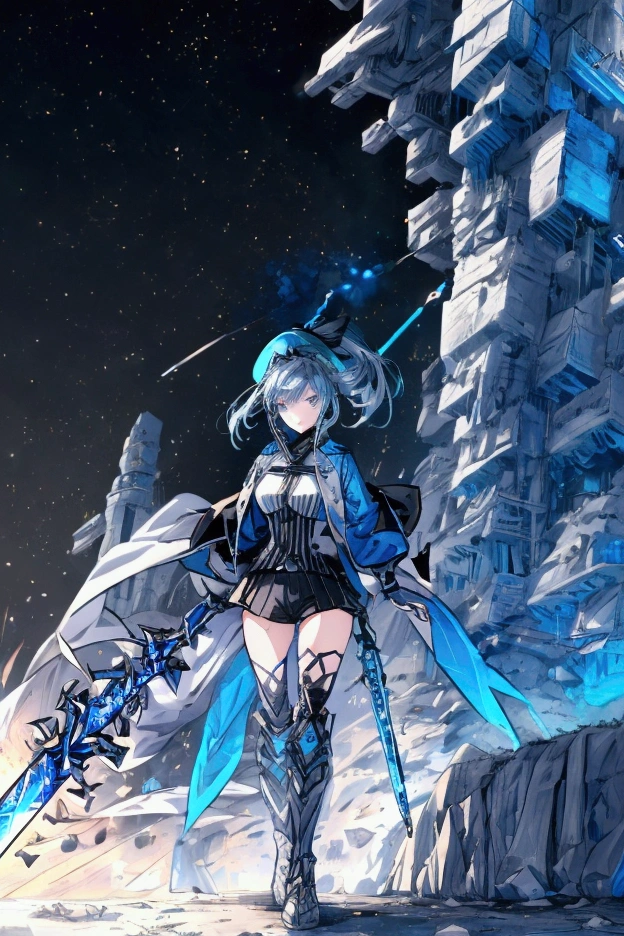  A badass tall woman, (A female commander), ((a leader of a fleet of armies)), White high ponytail with a glowing light blue highlights at the ends, Wielding a sword with deep blue aura, the mystical blade in her hand emitting a bright contrast blue light with a ray of energy, a futuristic intergalactic military uniform, Wearing Black shorts exposing the thighs, with a captain hat, a long simple dark boots. A masterpiece illustration, a light novel cover, best quality, best detail(Light novel illustrations), Arknights style, masterpiece, high quality, detailed.