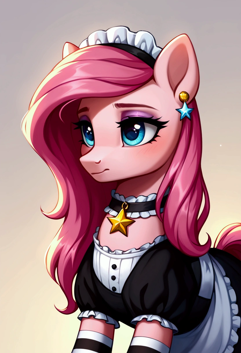 score_9,score_8_up,score_7_up,score_6_up, ((my little pony)), radiant lighting, vibrant colors, whimsical atmosphere, 8K, high resolution, highly detailed, masterpiece, (shy look), ((pony body)), white body, blue eyes, (maid costume), striped stockings, star pendant, earrings, eyeshadow, (rich pink hair colour), ((long hair))