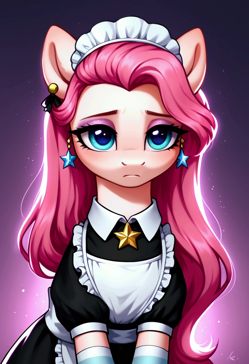 score_9,score_8_up,score_7_up,score_6_up, ((my little pony)), radiant lighting, vibrant colors, whimsical atmosphere, 8K, high resolution, highly detailed, masterpiece, (shy look), ((pony body)), white body, blue eyes, (maid costume), striped stockings, star pendant, earrings, eyeshadow, (rich pink hair colour), ((long hair))