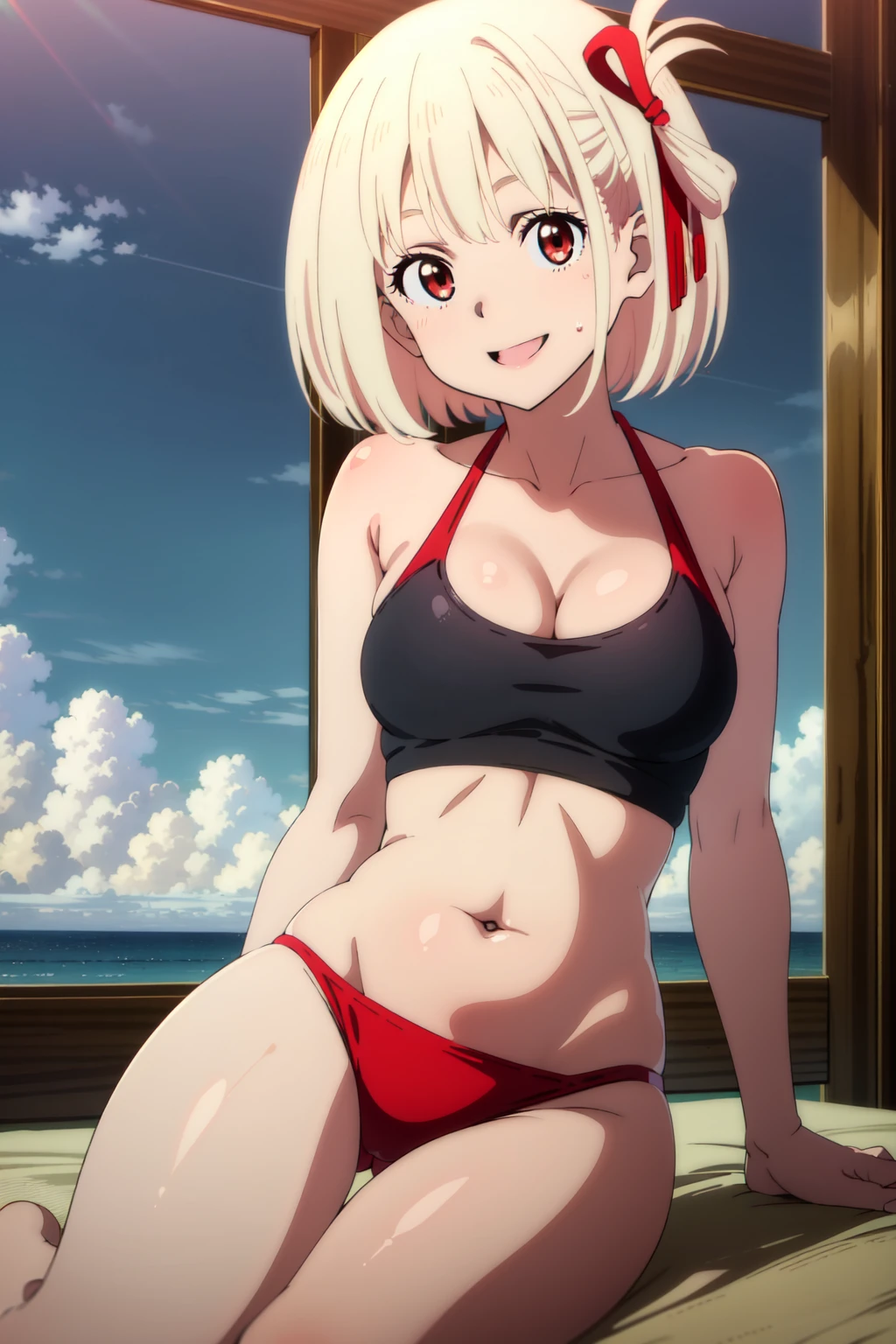 (masterpiece, best quality:1.4), looking at viewer, smile,chisato nishikigi, blonde hair, short hair, red eyes, medium breasts, hair ribbon, Smiling, looking at the viewer, blue theme, blue background, cloudy sky, sunlight, sweat, orgasmic, bikini swimsuit, cleavage, belly button exposed, collarbone, thighs, sea , head, Wave, splashe,