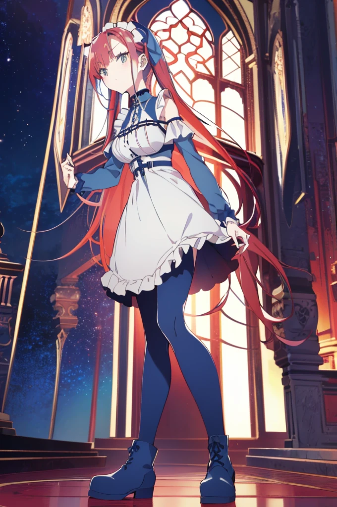 [(cathedral background:1.4)::5],original,(illustration:1.1),(best quality),(masterpiece:1.1),(extremely detailed CG unity 8k wallpaper:1.1), (colorful:0.9),(mid shot:0.95),(full body:1.5),Dynamic angle,(solo:1.2), (girl),((adult)), (detailed beautiful eyes:1.15), (beautiful face:1.15), (glowing red eyes:1.25////),((medium hair)),((split-color hair,red hair,blue hair)),(high twintails),(chignon),(+perfect hand+:1.21),(Draw an illustration of a gothic girl),(Religious),(slender),(is wearing boots on her feet),((is wearing white maid clothes)),(furious), Lace Off-shoulder ta fashion,beautiful slender woman,high twintails,((split-color hair,red hair,blue hair)),((split-color hair,red hair,blue hair)),from side,((split-color hair,red hair,blue hair)),