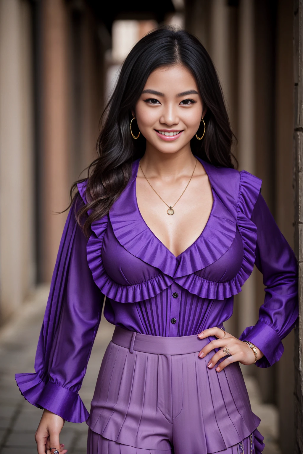 Half-length glamour portrait, nikon D850, f1.6 lens, 200mm, DSLR, 22 Megapixels, (((Indoor luxuous villa scene))), shot of a stunning 19 years old korean girl, (smile:1.4), (wearing Beige Pleated skirt with Purple satin blouse:1.6), ((seductive pose)), hot girl, (((big natural breasts))), (((black fringe hair))), (small girl), symmetrical face, photorealistic, photography, (bright natural lighting), gorgeous, deep cleavage, (masterpiece), best quality, high resolution, extremely detailed, cinematic lighting, (((very narrow waist))), rich colors, hyper realistic, lifelike texture, ((jewelry)), (((She has beautiful hands and wears rings))), (bracelet), (necklace), (ankle chain), (nail polish) (earrings), Fuji Superia 200, 8k
