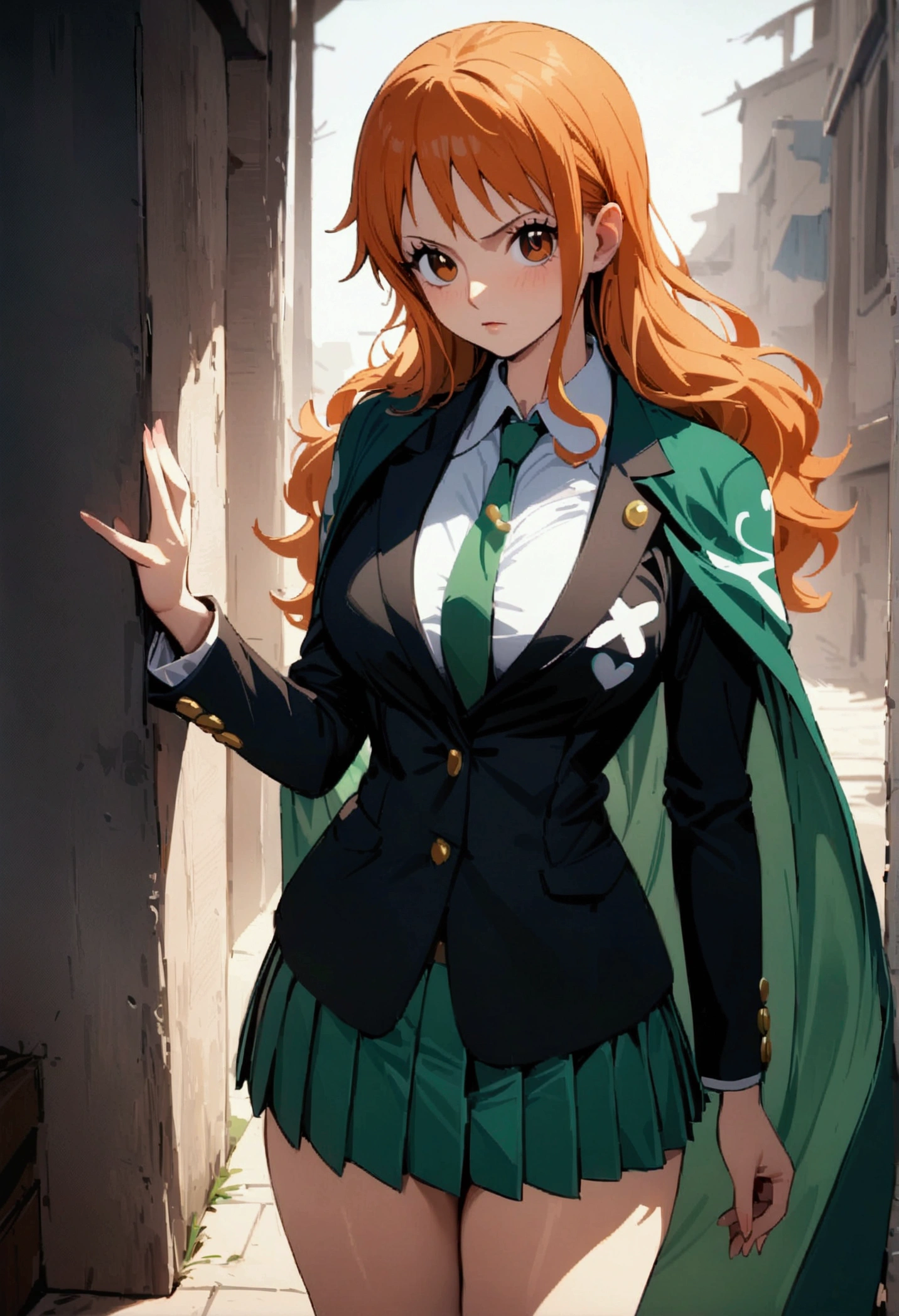 masterpiece, best quality, 1girl, solo, nami one piece, cross-shaped pupils, , green tie, blazer, pleated skirt, green cape, standing