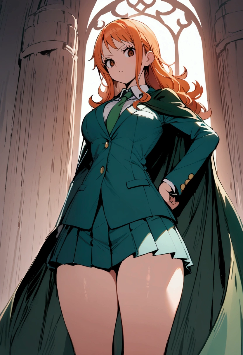 masterpiece, best quality, 1girl, solo, nami one piece, cross-shaped pupils, , green tie, blazer, pleated skirt, green cape, standing