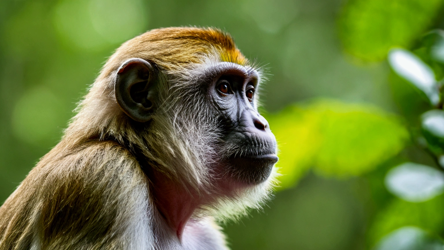 a stunning monkey in profile view in its habitat, vibrant colors, trees that reach the sky, zoomed out so we can see the beautiful background.