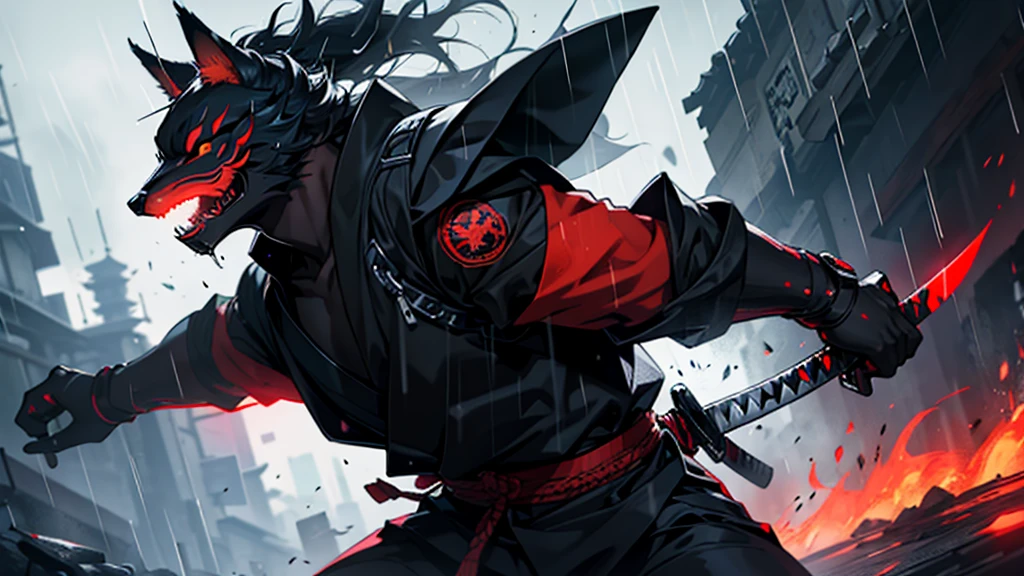 create black cyber samurai with red fire eye, fox mask and katana in the middle of rain