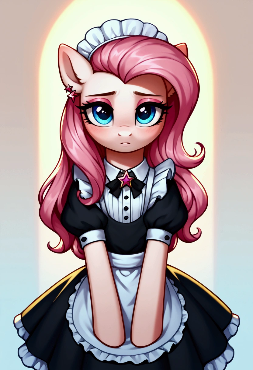 score_9,score_8_up,score_7_up,score_6_up, ((my little pony)), radiant lighting, vibrant colors, whimsical atmosphere, 8K, high resolution, highly detailed, masterpiece, (shy look), ((pony body)), white body, blue eyes, (maid costume), striped stockings, star pendant, earrings, eyeshadow, (very pink hair colour), ((long hair)), ((forward pose))