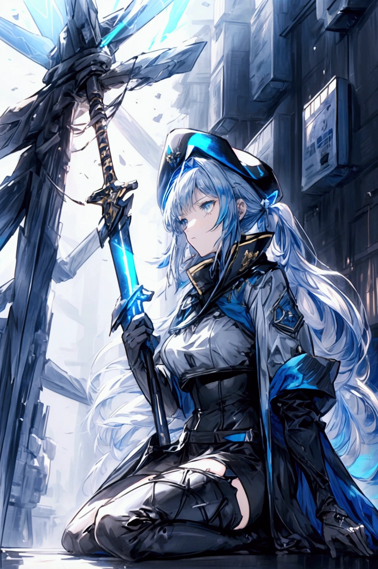 A badass tall woman, (A female commander), ((a leader of a fleet of armies)), White high ponytail with a glowing light blue highlights at the ends, Wielding a sword with deep blue aura, the mystical blade in her hand emitting a bright contrast blue light with a ray of energy, a futuristic intergalactic military uniform, Wearing Black shorts exposing the thighs, with a captain hat, a long simple dark boots. A masterpiece illustration, a light novel cover, best quality, best detail(Light novel illustrations), Arknights style, masterpiece, high quality, detailed.