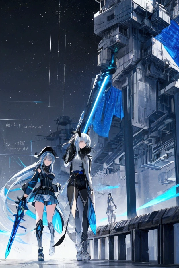 A badass tall woman, (A female commander), ((a leader of a fleet of armies)), White high ponytail with a glowing light blue highlights at the ends, Wielding a sword with deep blue aura, the mystical blade in her hand emitting a bright contrast blue light with a ray of energy, a futuristic intergalactic military uniform, Wearing Black shorts exposing the thighs, with a captain hat, a long simple dark boots. A masterpiece illustration, a light novel cover, best quality, best detail(Light novel illustrations), Arknights style, masterpiece, high quality, detailed.