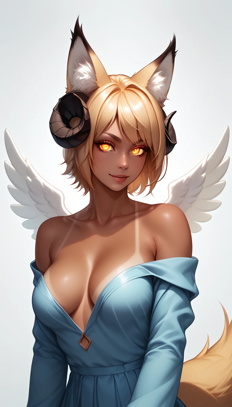 score_9, score_8_up, score_7_up, 1girl, solo, 
Random hair, glowing random eyes, curved ram horns, (fox ears, fox tail), tanned skin, angel, (fox:1.2), random , random face expression, random pose, random wings
monochromatic, eerie atmosphere, 
(random gender dressing), seductive, random background