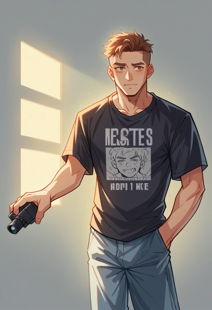 1man, a 25-year-man,eyyes brand black t-shirts a , no bodice, soft lighting, masterpiece, best quality,foccus 8k ultra high definition, DSLR camera, film grain, Midjourney and greg rutkowski's Fujifilm XT3 realistic drawing art