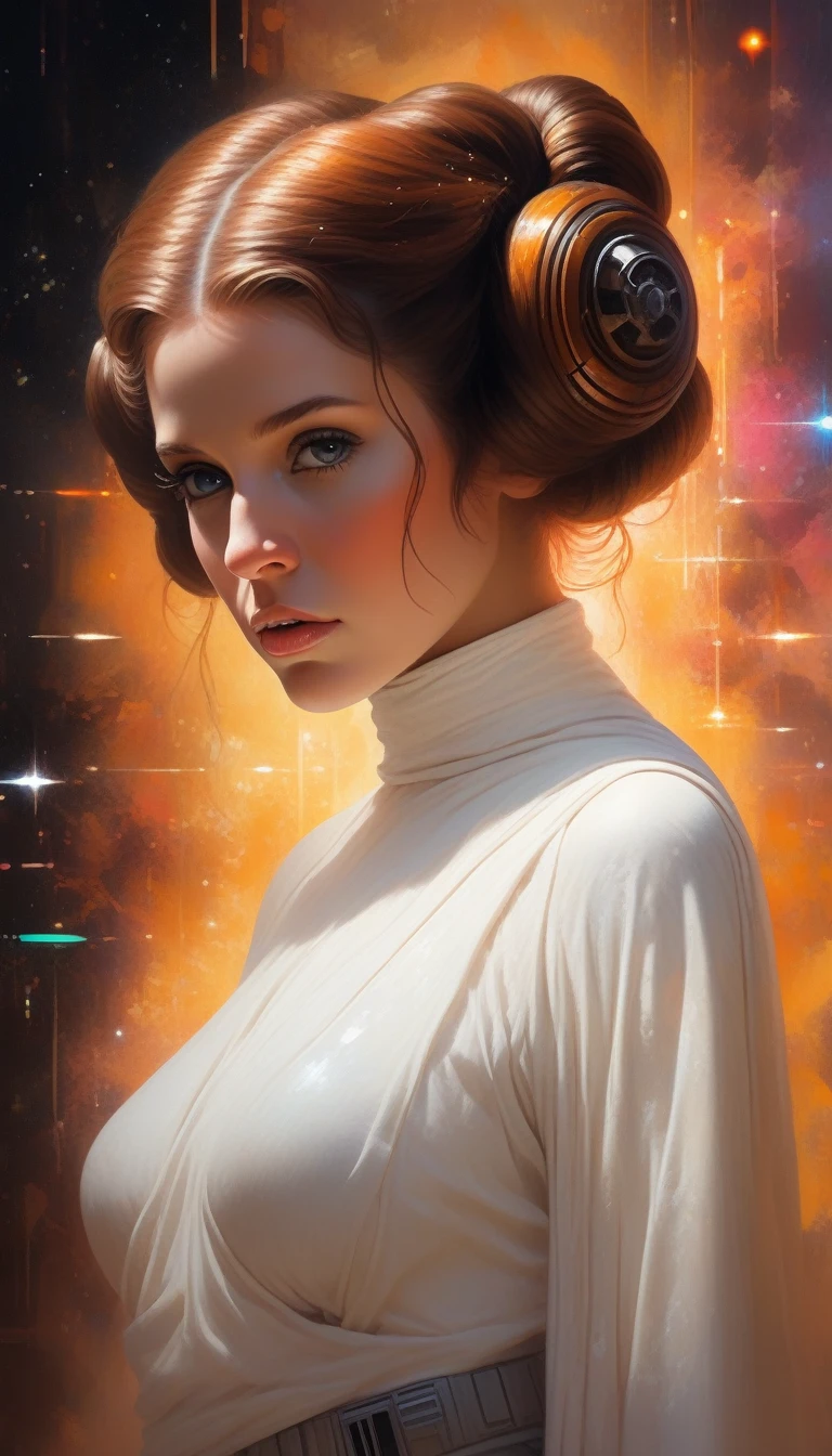official art, unity 8k wallpaper, ultra detailed, beautiful and aesthetic, beautiful,, channeling arcane energies that ripple and distort the very air,abstract perspective, covered with small Pumpkin Rod, gooey liquid neon color hair and lips, highly refractive skin with small rainbow sparkles, glowing color exploding cell shading, Voronoi diagrams sparkling lighting, Dappled Light, ((A canvas of code and creativity, bits and brushes unite, unveiling the portrait beyond pixels)), dreamy magical atmosphere, (skin texture), (film grain), (warm hue, warm tone), cinematic light, side lighting, Princess Leia (Star Wars): Princess Leia's iconic white dress, cinnamon bun hairstyle, and blaster make her a beloved choice for Star Wars cosplay., by boris vallejo and Grzegorz Rutkowski