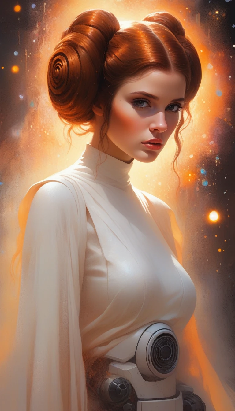 official art, unity 8k wallpaper, ultra detailed, beautiful and aesthetic, beautiful,, channeling arcane energies that ripple and distort the very air,abstract perspective, covered with small Pumpkin Rod, gooey liquid neon color hair and lips, highly refractive skin with small rainbow sparkles, glowing color exploding cell shading, Voronoi diagrams sparkling lighting,   Dappled Light, ((A canvas of code and creativity, bits and brushes unite, unveiling the portrait beyond pixels)), dreamy magical atmosphere, (skin texture), (film grain), (warm hue, warm tone), cinematic light, side lighting, Princess Leia (Star Wars): Princess Leia's iconic white dress, cinnamon bun hairstyle, and blaster make her a beloved choice for Star Wars cosplay., by boris vallejo and  Grzegorz Rutkowski