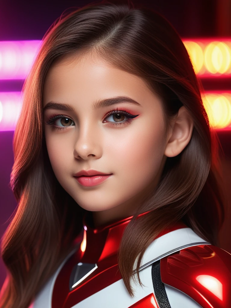 stunningly gorgeous sensual 8 year-old girl, straight brown hair to the side, red power ranger, dreamy smirk, stunning eyeliner, elegant pose, half body portrait, neon lights in background, bathed in ambient and mysterious sunlight, diffused light, Intricately Detailed Eyes, Vibrant, Sharp Focus, Unreal Engine, Beautiful, Radiant, FXAA, MSAA, 4K, Bloom, Anti-Aliasing, Ambient Occlusion, Ray-tracing, Organic Tracery, Perfect Composition, Glaze, Vibrant Volumetric Lighting, Extreme Detail, Ultra HD, Tessellation, Anisotropic Filtering