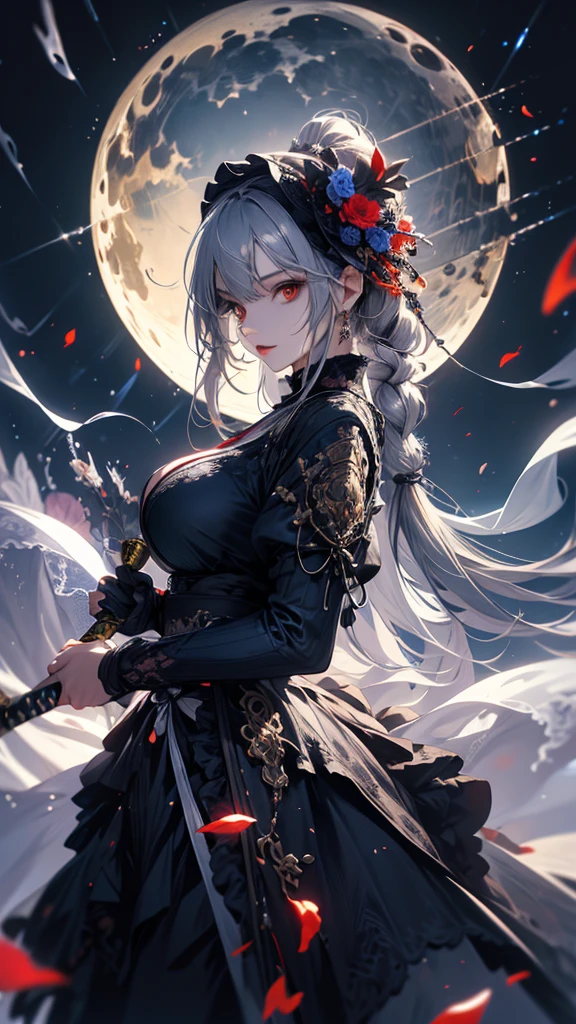 masterpiece, high quality, 4K, Beautiful design, silhouette,Gray Hair, 非常に詳細な夜のStarry Sky,Flower Field, wonderful, Finer details, Very knowledgeable woman, Highly detailed solo, 1 female,Red eyes,Big Breasts,Gothic Lolita Fashion,Twin Swords,Night view,Starry Sky,full moon,