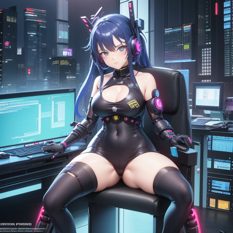 anime girl with headphones sitting on a chair with a computer, cyberpunk art inspired by Masamune Shirow, pixiv, neoism, cyberpunk oppai, biomechanical OPPAI, best anime wallpaper 4k konachan, modern cyberpunk anime, cyber school girl, female cyberpunk anime girl, chica anime cyberpunk mech, anime ciberpunk digital!!