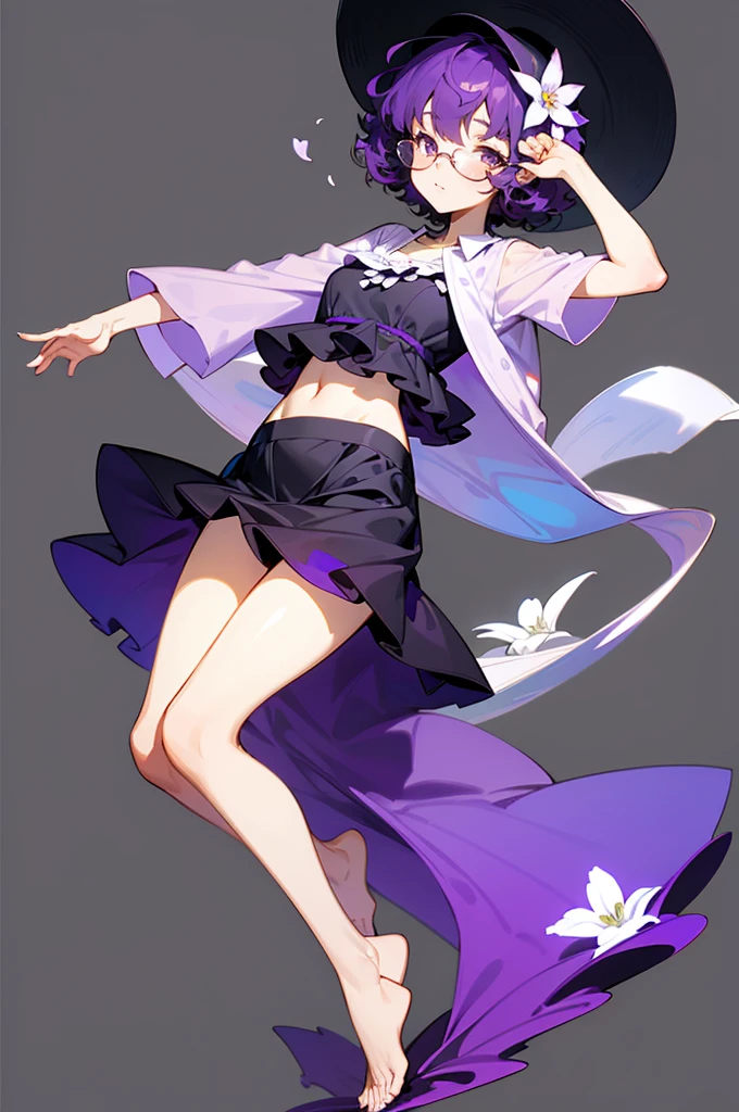 one girl, short very curly purple hair with dark purple strand, glasses, two-piece black and white color summer flower theme simple swim outfit, simple detaled, lovable, no background, dynamic nikko pose,, full body ,detaled feet,short blouse flowers,art, long airy skirt, summer hat,