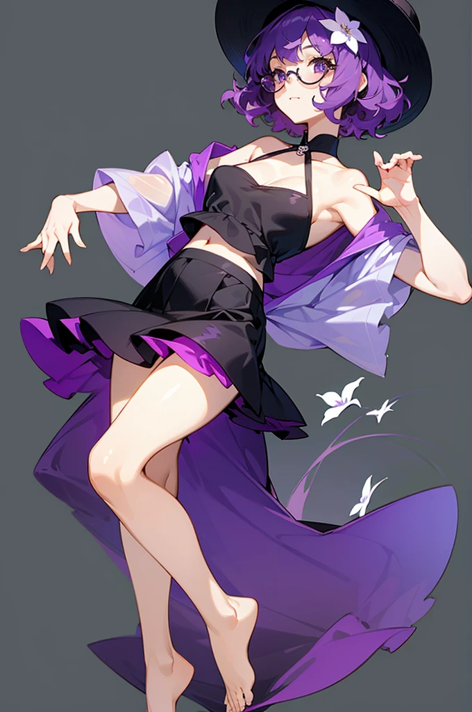 one girl, short very curly purple hair with dark purple strand, glasses, two-piece black and white color  summer flower theme simple swim outfit, simple detaled, lovable, no background, dynamic nikko pose,, full body ,detaled feet,short blouse  flowers,art, long airy skirt, summer hat, 