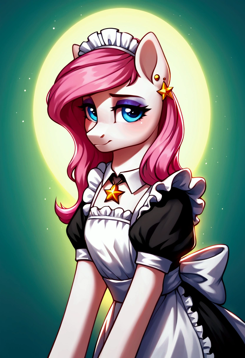 score_9,score_8_up,score_7_up,score_6_up, ((my little pony)), radiant lighting, vibrant colors, whimsical atmosphere, 8K, high resolution, highly detailed, masterpiece, (shy look), ((pony body)), white body, blue eyes, (maid costume), striped stockings, star pendant, earrings, eyeshadow, (saturated pink hair colour), ((long hair))
