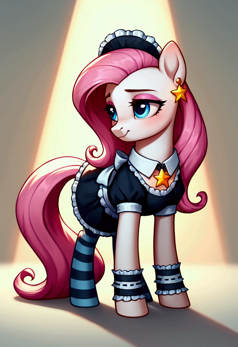 score_9,score_8_up,score_7_up,score_6_up, ((my little pony)), radiant lighting, vibrant colors, whimsical atmosphere, 8K, high resolution, highly detailed, masterpiece, (shy look), ((pony body)), white body, blue eyes, (maid costume), striped stockings, star pendant, earrings, eyeshadow, (saturated pink hair colour), ((long hair))