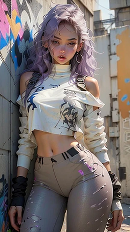 Woman body defined thick thighs cybernetic body parts, with violet hair, short underwear, transparent shirt showing breast beak, realistic, white t-shirt, and grey sweatpants, graffiti wall as background