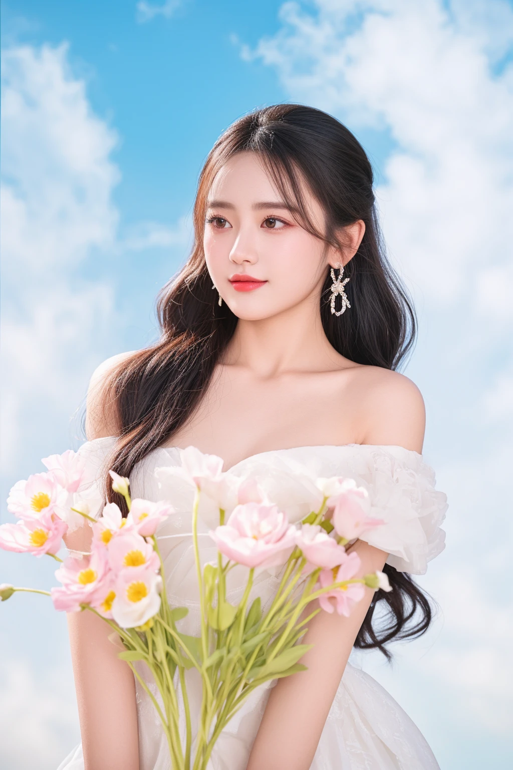 there is a woman in a white dress holding a bouquet of flowers, with flowers, dilraba dilmurat, Ghost Festival, xintong chen, official artwork, sha xi, inspired by Huang Ji, sakimichan, chengyou liu, yanjun chengt, Yoshitomo Nara, xision wu