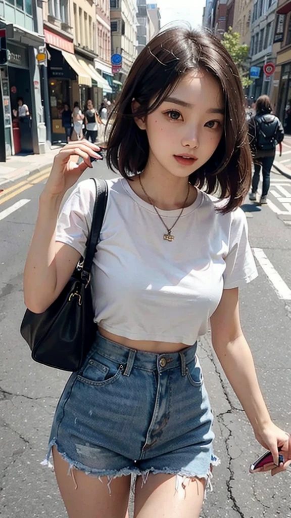 Beautiful woman, fiddling with cell phone in the middle of the street, short clothes