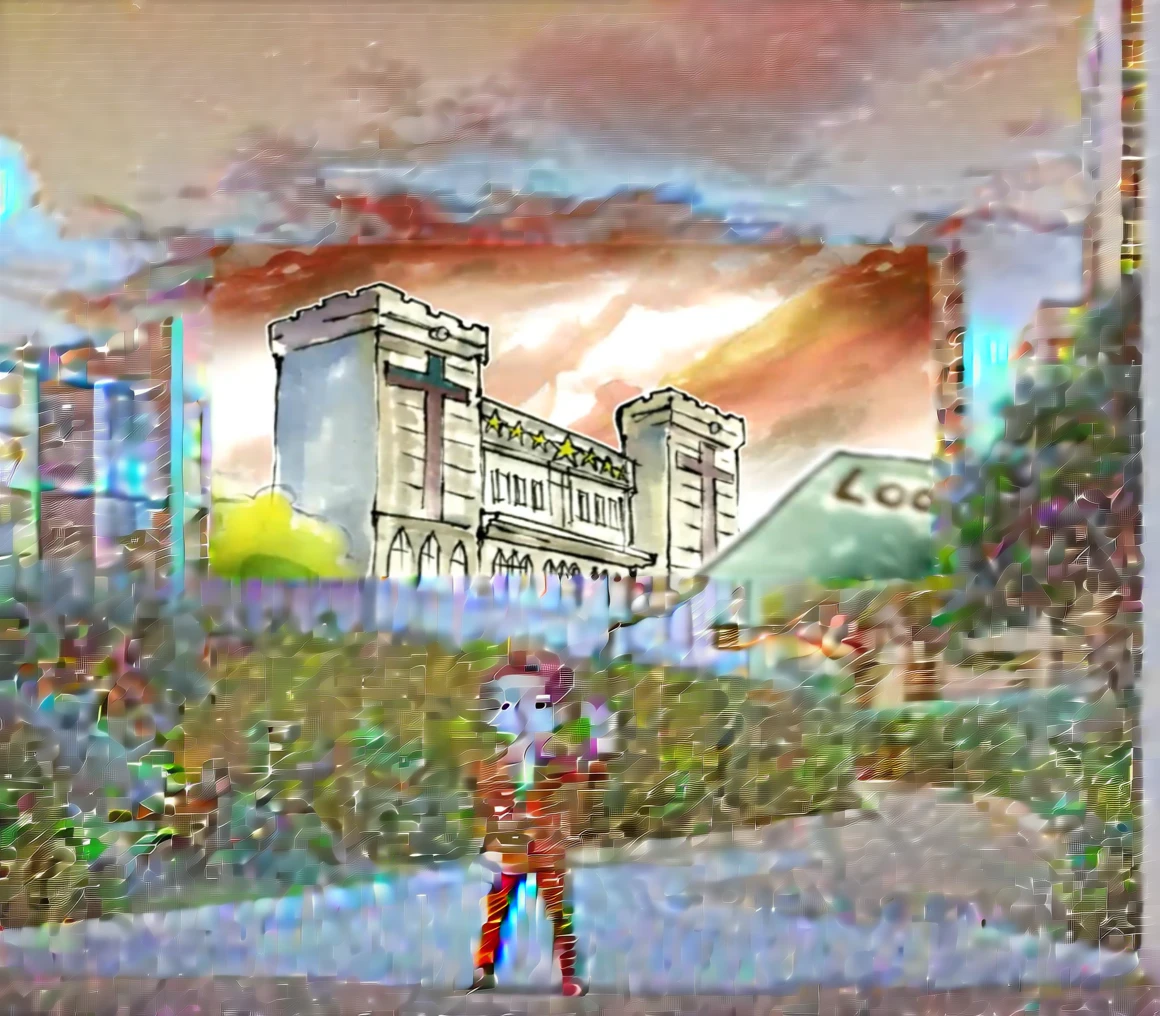 seven chibi men in suits looking at the building, trees, bushes