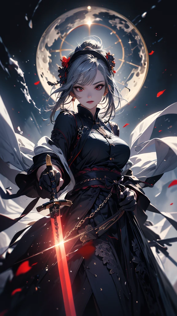 masterpiece, high quality, 4K, Beautiful design, silhouette,Gray Hair, 非常に詳細な夜のStarry Sky,Flower Field, wonderful, Finer details, Very knowledgeable woman, Highly detailed solo, 1 female,Red eyes,Big Breasts,Gothic ta Fashion,Twin Swords,Night view,Starry Sky,full moon,
