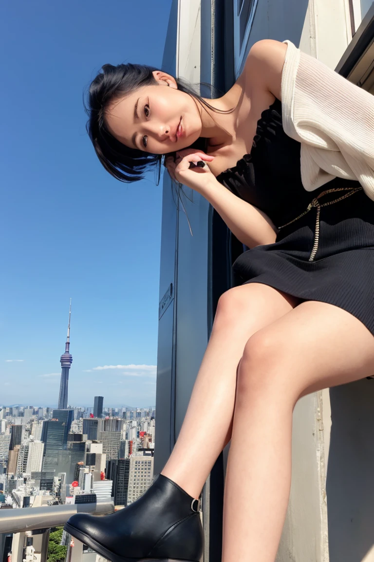 Tokyo cityscape、She tilted her head a little.、Blushing、Smiling and playful expression。I can see the deep blue sky、The atmosphere is bright and lively、The woman is in the center of the image。Cafe、Best Beautiful Legs、Let&#39;s get closer and take a photo、Close your legs