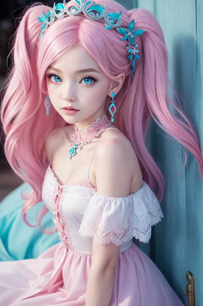 Oc ever after high filha da ariel, baby pink hair, blue colored eyes, very white, half asian appearance, white outfit with some pink and red details