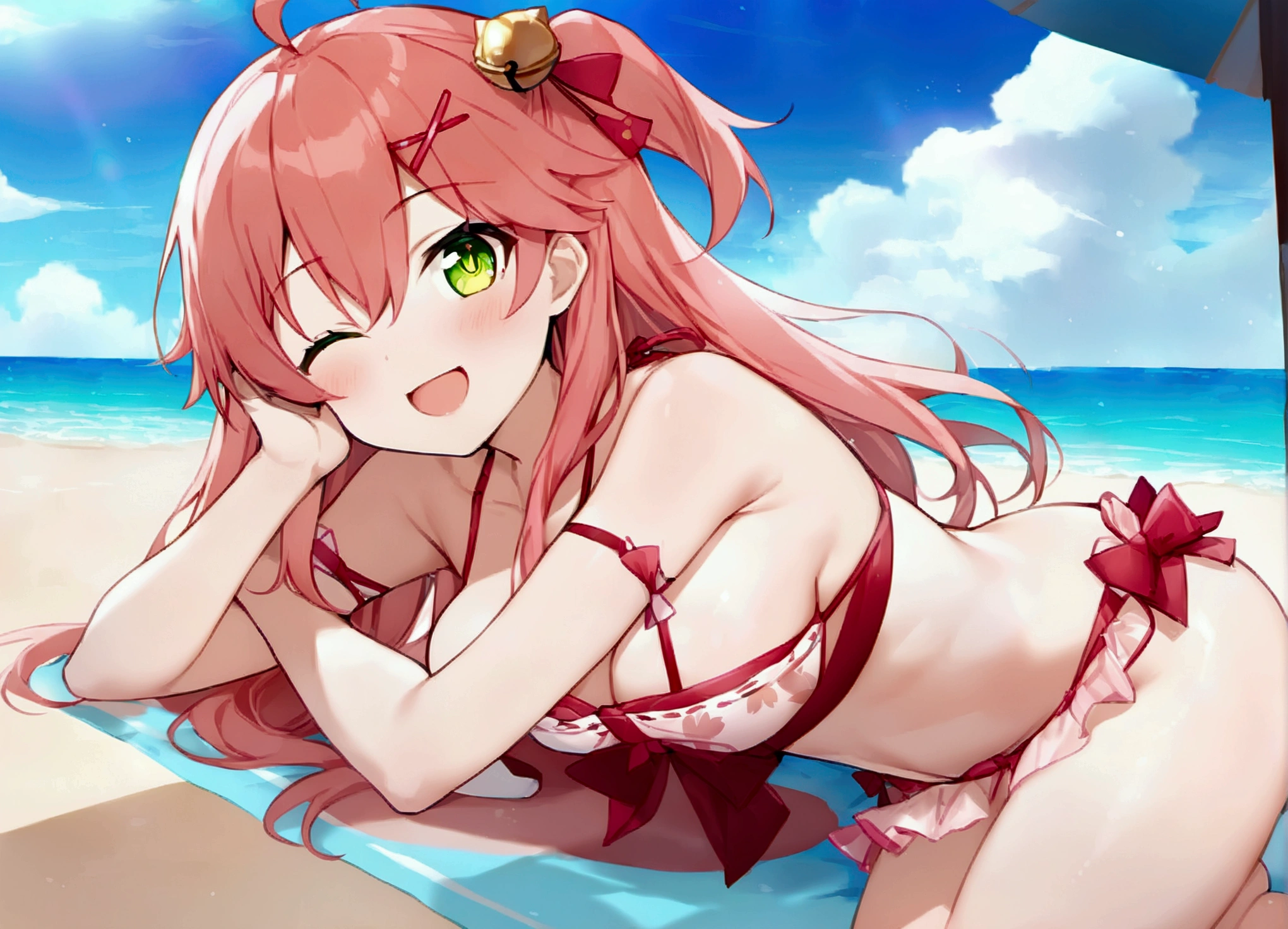 (masterpiece,Highest quality:1.3), (Super detailed:1.3), One girl, Day, Swimwear, View your viewers, Ocean, Miko 1, sakura miko, Green Eyes, alone, Ahoge, Red X Hair Ornament, Bright pink hair,  Hair Clip, Hair Bell,  Long Hair, Hair between the eyes, smile, sunny, Lie down, Close one eye, Open your mouth