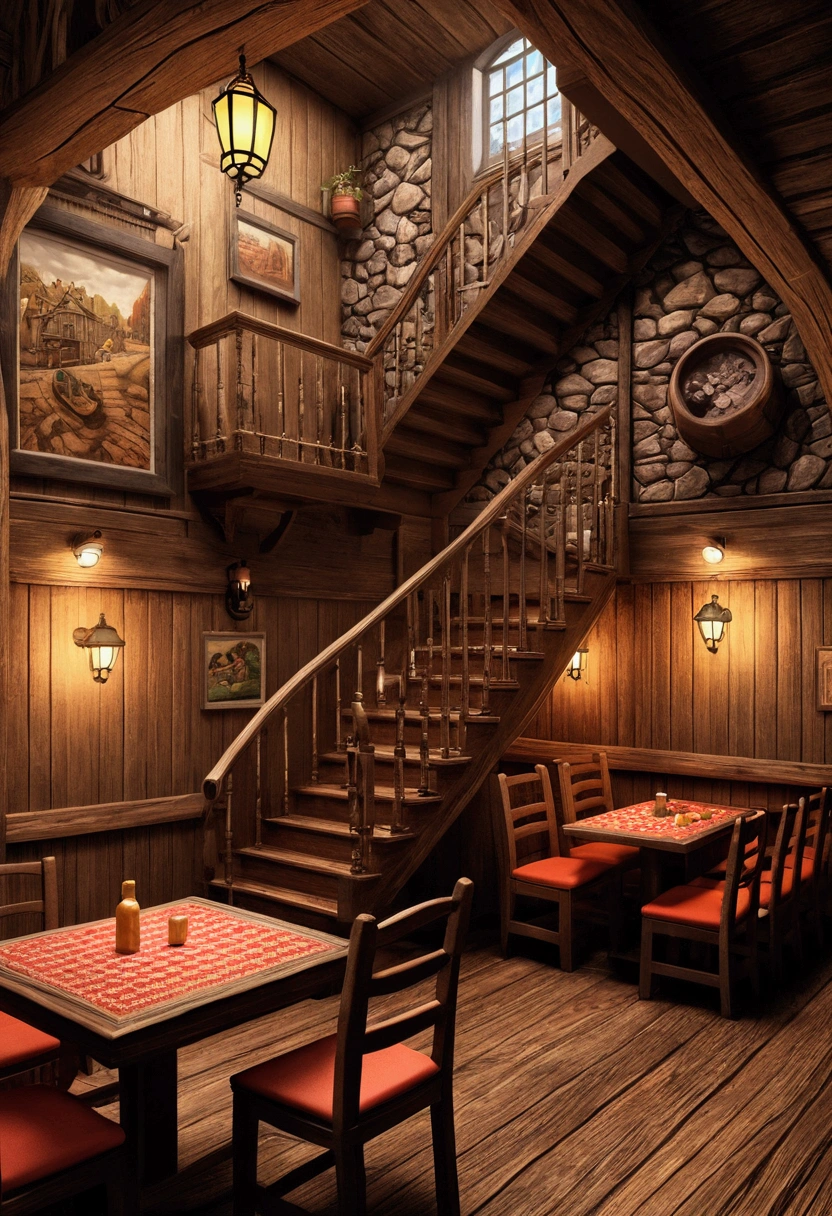 absurderes, best qualityer, fancy, isometria, Norlin Style (Interior da pubra de Wood em miniatura:1.2), Wood, a chair,The table,dual,pub,ladder,The table, (simple background:1.2)a multidimensional cozy tavern, conceptual artwork altamente detalhada, Fantastic tavern setting, Complex and detailed environments, bela conceptual artwork detalhada, conceptual artwork colorida, high rendering.Illustration of a room with stairs and a table, a multidimensional cozy tavern, conceptual artwork altamente detalhada, Fantastic tavern setting, conceptual artwork altamente detalhada, conceptual artwork altamente detalhada, tavern background, Detailed conceptual diagram, conceptual artwork!, Inside the tavern, conceptual artwork!!, Complex and detailed environments, bela conceptual artwork detalhada, conceptual artwork colorida, conceptual artwork , high rendering,4K,conceptual artwork
