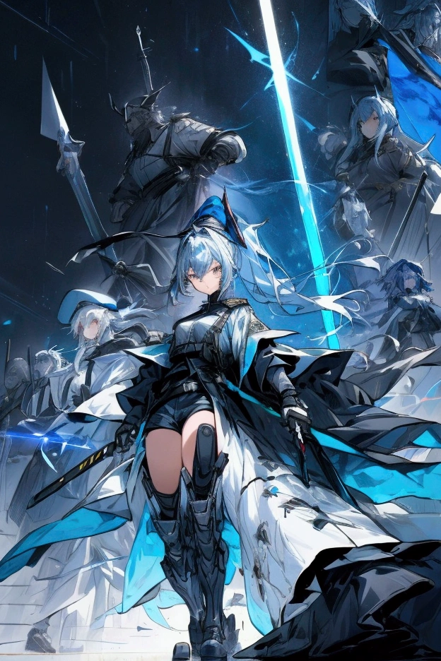  A badass tall woman, (A female commander), ((a leader of a fleet of armies)), White high ponytail with a glowing light blue highlights at the ends, Wielding a sword with deep blue aura, the mystical blade in her hand emitting a bright contrast blue light with a ray of energy, a futuristic intergalactic military uniform, Wearing Black shorts exposing the thighs, with a captain hat, a long simple dark boots. A masterpiece illustration, a light novel cover, best quality, best detail(Light novel illustrations), Arknights style, masterpiece, high quality, detailed.