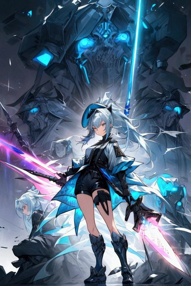 A badass tall woman, (A female commander), ((a leader of a fleet of armies)), White high ponytail with a glowing light blue highlights at the ends, Wielding a sword with deep blue aura, the mystical blade in her hand emitting a bright contrast blue light with a ray of energy, a futuristic intergalactic military uniform, Wearing Black shorts exposing the thighs, with a captain hat, a long simple dark boots. A masterpiece illustration, a light novel cover, best quality, best detail(Light novel illustrations), Arknights style, masterpiece, high quality, detailed.