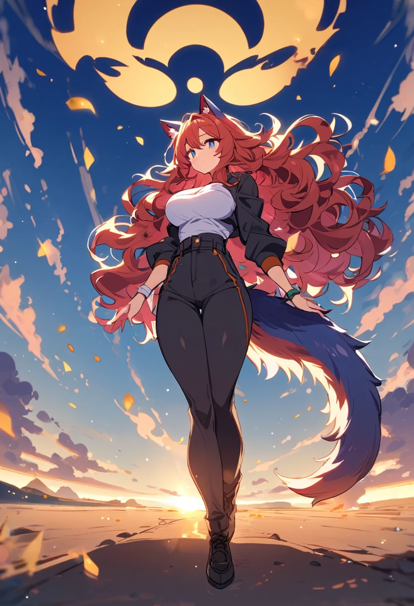 girl,beautiful,Wavy Hair,Muscular,Big tail,pants,Animal ears,