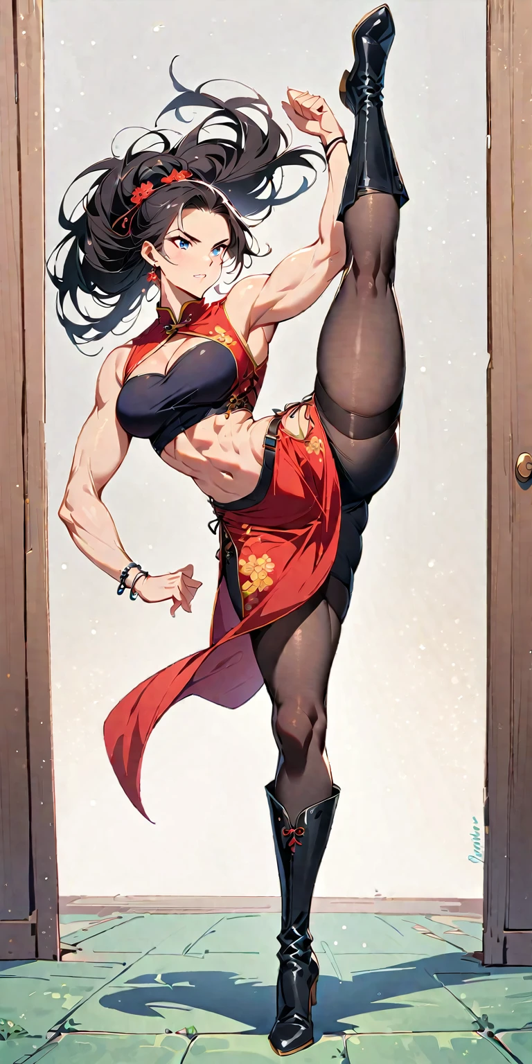 beautiful muscular woman and doing a high kick, six pack, no men in background , Chinese dress crop top, and leggings and thigh high boots, full body portrait