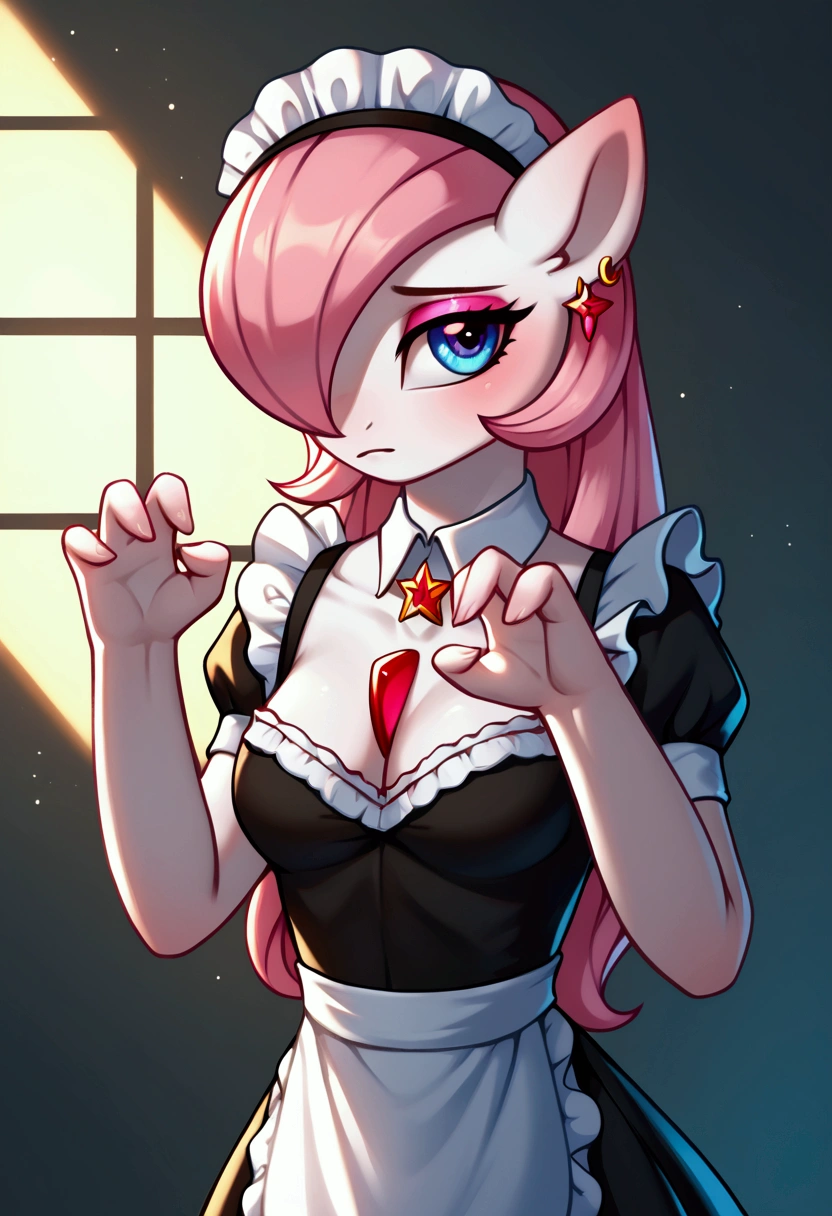 score_9,score_8_up,score_7_up,score_6_up, ((my little pony)), radiant lighting, vibrant colors, whimsical atmosphere, 8K, high resolution, highly detailed, masterpiece, (shy look), ((pony body)), white body, blue eyes, (maid costume), striped stockings, star pendant, earrings, eyeshadow, (very pink hair colour), ((long hair)), ((devotee pose))