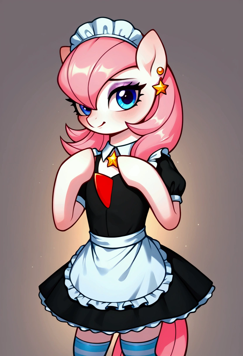 score_9,score_8_up,score_7_up,score_6_up, ((my little pony)), radiant lighting, vibrant colors, whimsical atmosphere, 8K, high resolution, highly detailed, masterpiece, (shy look), ((pony body)), white body, blue eyes, (maid costume), striped stockings, star pendant, earrings, eyeshadow, (very pink hair colour), ((long hair)), ((devotee pose))
