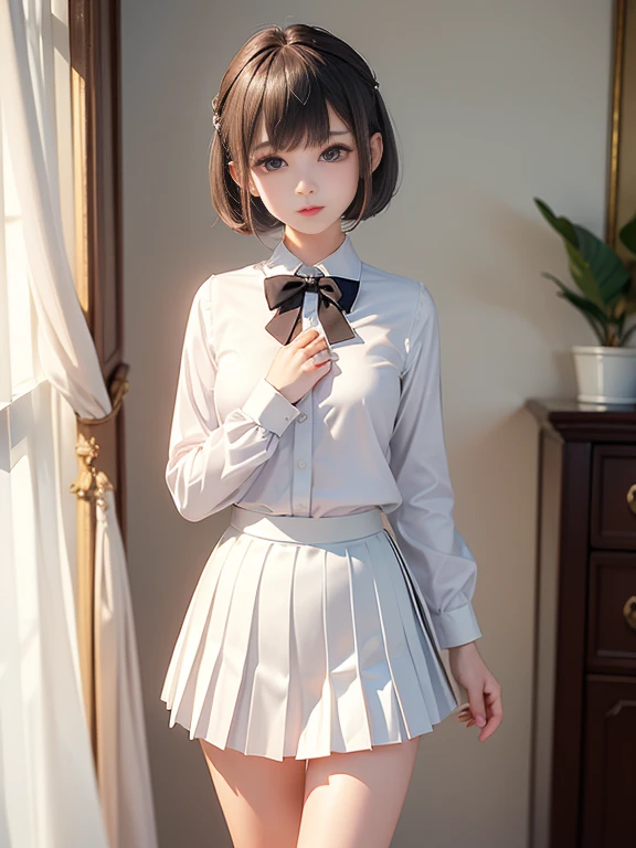 (masterpiece、Highest quality:1.7)、(11 years old:1.5)、(Above the knee shot:1.5)、Bobcut、Black Hair、85mm、16K、Official Art、RAW Photos、Best Beautiful Faces、Close-up、Violet、Gardenia、((The best beautiful girl、very cute))、Red blush on cheeks、indoor、(Are standing:1.8)、Film Grain、Chromatic Aberration、Sharp Focus、(((Nice hands、Perfect hands、Perfect Fingers、Thin and delicate fingers、A perfect body without flaws)))、Detailed face、(Slender body:1.5)、(Slender body:1.4)、(Slim upper body:1.4)、(Small breasts:1.8)、(Let your bangs hang down:1.8)、(Blushing:1.8)、(Low contrast lighting:1.2)、(White tight business blouse with collar:1.5)、(White bow tie blouse:1.4)、(Long sleeve: 1.3)、(A very short white pleated mini skirt:1.8),(Holding his chest with his palm:1.5),(Accessories for thighs:1.7)