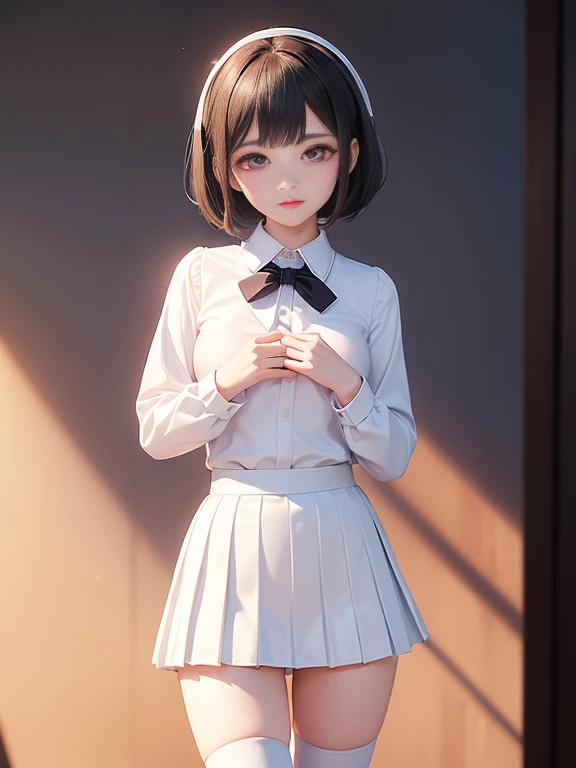 (masterpiece、Highest quality:1.7)、(:1.5)、(Above the knee shot:1.5)、Bobcut、Black Hair、85mm、16K、Official Art、RAW Photos、Best Beautiful Faces、Close-up、Violet、Gardenia、((The best beautiful girl、very cute))、Red blush on cheeks、indoor、(Are standing:1.8)、Film Grain、Chromatic Aberration、Sharp Focus、(((Nice hands、Perfect hands、Perfect Fingers、Thin and delicate fingers、A perfect body without flaws)))、Detailed face、(Slender body:1.5)、(Slender body:1.4)、(Slim upper body:1.4)、(Small breasts:1.8)、(Let your bangs hang down:1.8)、(Blushing:1.8)、(Low contrast lighting:1.2)、(White tight business blouse with collar:1.5)、(White bow tie blouse:1.4)、(Long sleeve: 1.3)、(A very short white pleated mini skirt:1.8),(Holding his chest with his palm:1.5),(Accessories for thighs:1.7)
