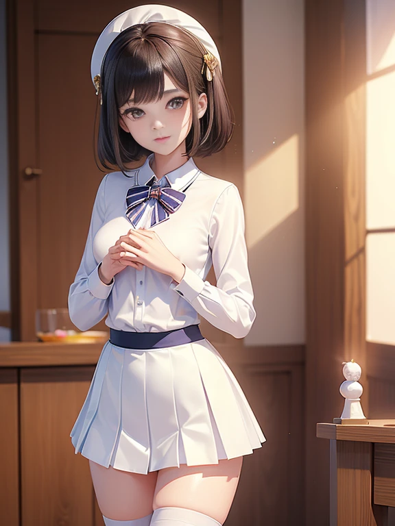 (masterpiece、Highest quality:1.7)、(11 years old:1.5)、(Above the knee shot:1.5)、Bobcut、Black Hair、85mm、16K、Official Art、RAW Photos、Best Beautiful Faces、Close-up、Violet、Gardenia、((The best beautiful girl、very cute))、Red blush on cheeks、indoor、(Are standing:1.8)、Film Grain、Chromatic Aberration、Sharp Focus、(((Nice hands、Perfect hands、Perfect Fingers、Thin and delicate fingers、A perfect body without flaws)))、Detailed face、(Slender body:1.5)、(Slender body:1.4)、(Slim upper body:1.4)、(Small breasts:1.8)、(Let your bangs hang down:1.8)、(Blushing:1.8)、(Low contrast lighting:1.2)、(White tight business blouse with collar:1.5)、(White bow tie blouse:1.4)、(Long sleeve: 1.3)、(A very short white pleated mini skirt:1.8),(Holding his chest with his palm:1.5),(Accessories for thighs:1.7)