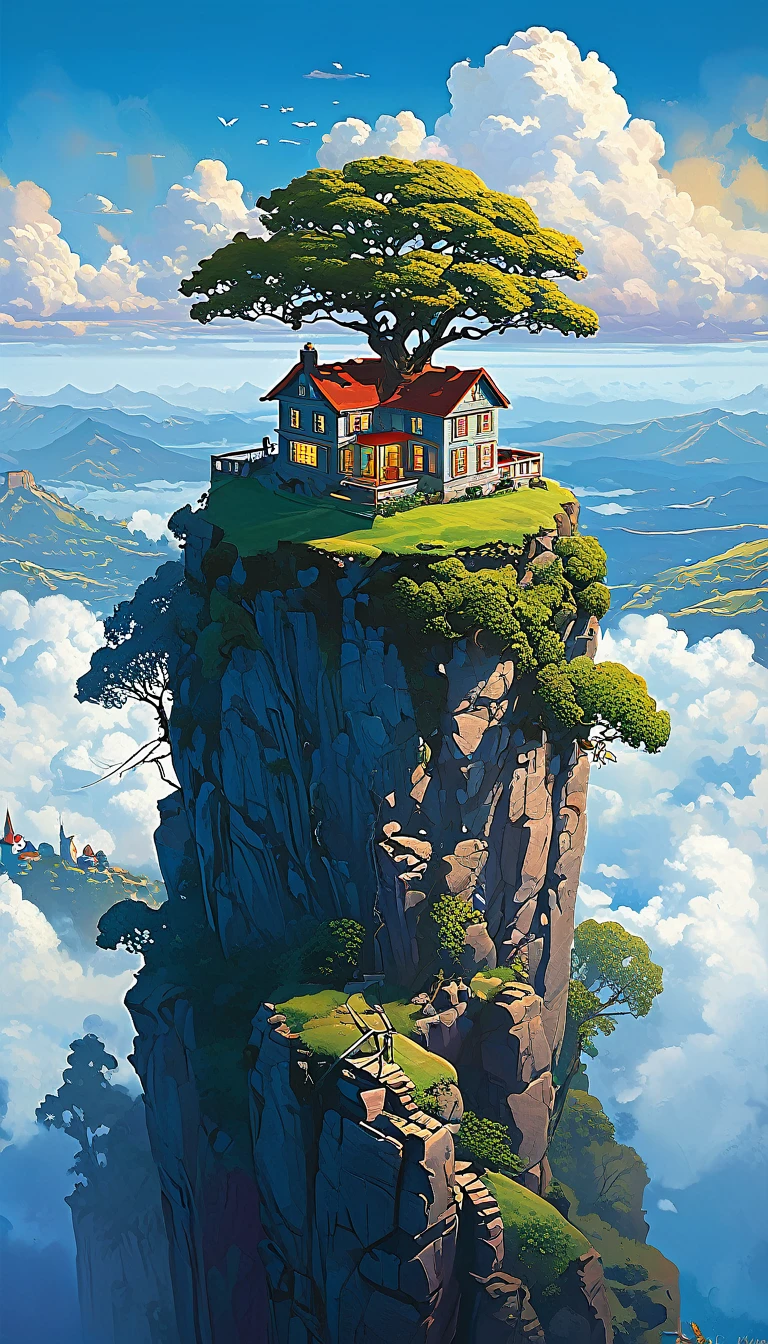 High quality, 8k Ultra HD. painting of a house with a tree on a cliff above the clouds, Kilian Eng y Thomas Kinkade, Rob Gonsalves y Tim White., silvain sarriel, Rhads y Thomas Kinkade, inspired by RHADS, Cyril Rolando and M.w kalut, Cyril Rolando and M. w kalut, rhads!!!