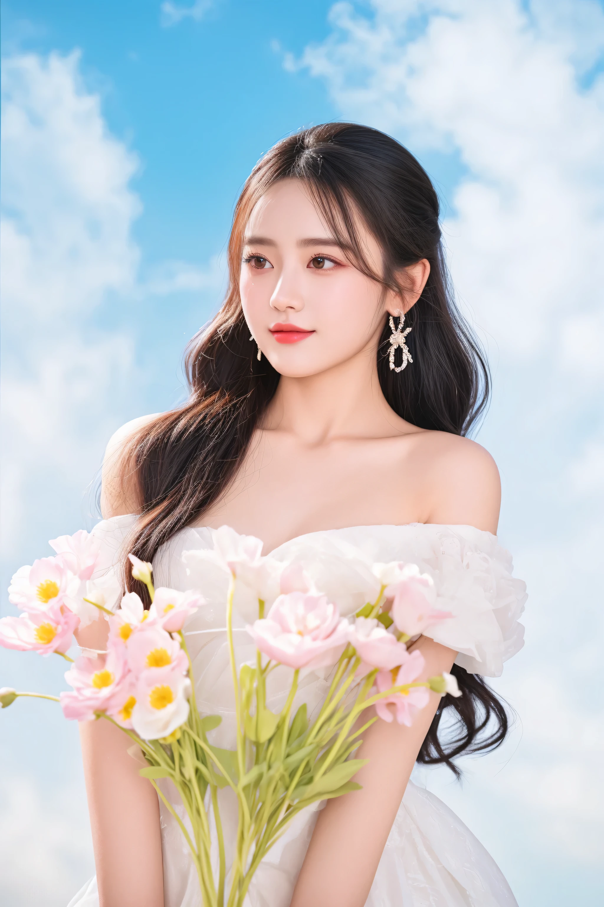 there is a woman in a white dress holding a bouquet of flowers, with flowers, dilraba dilmurat, Ghost Festival, xintong chen, official artwork, sha xi, inspired by Huang Ji, sakimichan, chengyou liu, yanjun chengt, Yoshitomo Nara, xision wu