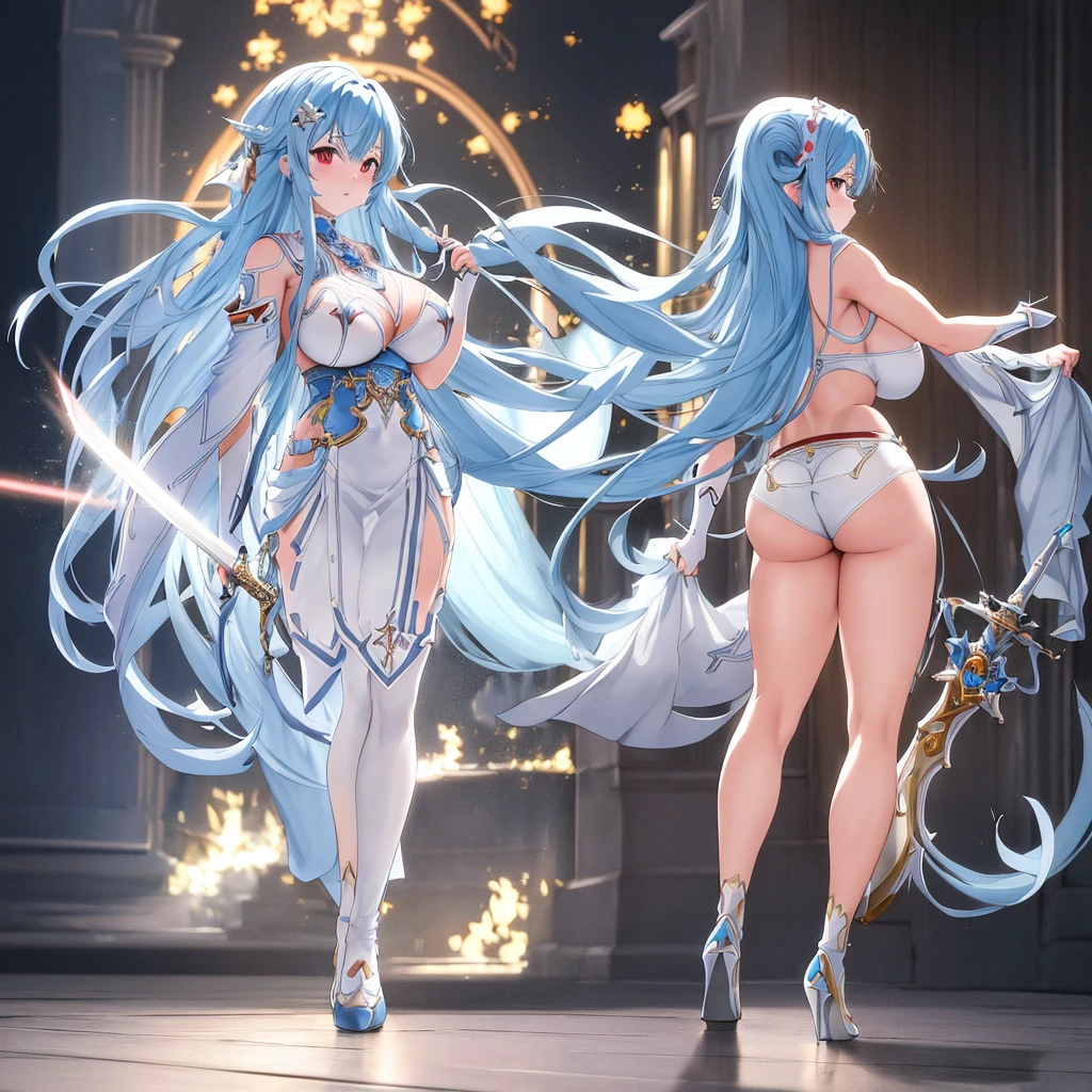 Digital art, Asuna, Sword Art Online, anime girl, long blue hair, elegant expression, white and blue armor, sword, large breasts (32B), toned arms, athletic build, smooth skin, shapely legs, muscular calves (15 inches), delicate feet (size 6), intricate details, dynamic pose, soft lighting, warm colors, subtle shading, 4k, high resolution, ultra high resolution, intricate detail, detailed texture, sensual atmosphere, alluring gaze, solo character, single figure, no duplicate, no extra limbs, no mutated hands, no dehydrated skin