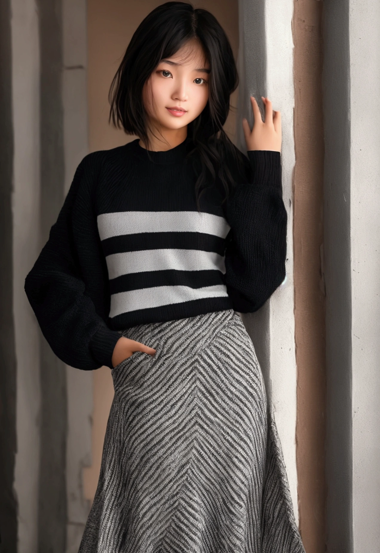 Beautiful American Chinese girl, with short bangs, long hair, 19 years, barely smiles, dull look; black and white stripes on a sweater, long striped sweater, thin stripes on a jacket, long skirt, темная long skirt, 8K, Super Detail, Best quality, uhd, high detail, very detailed, masterpiece, ultra high definition