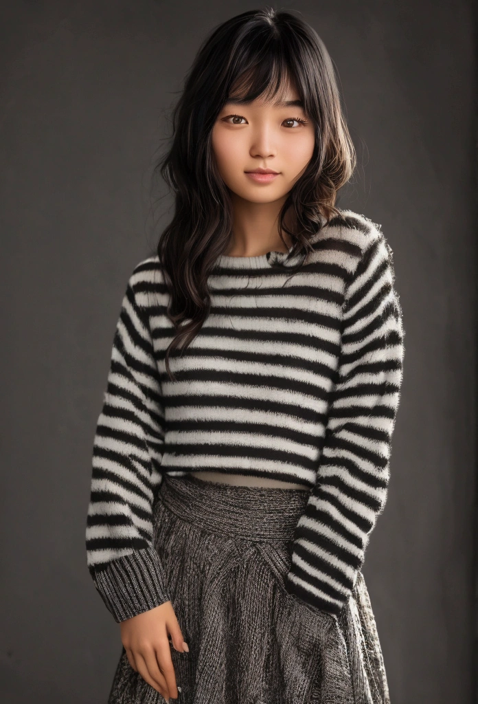 Beautiful American Chinese girl, with short bangs, long hair, 19 years, barely smiles, dull look; black and white stripes on a sweater, long striped sweater, thin stripes on a jacket, long skirt, темная long skirt, 8K, Super Detail, Best quality, uhd, high detail, very detailed, masterpiece, ultra high definition